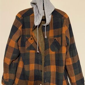 Men's Hooded Plaid Shirt Jacket - Orange and Black